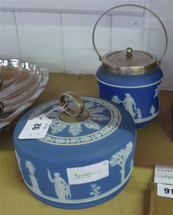 Wedgwood blue Jasper cheese dish cover and a similar biscuit barrel(-)